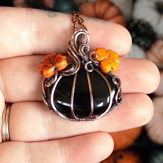 Black Onyx Pumpkin Antiqued Copper Pendant With Czech Glass Leaves