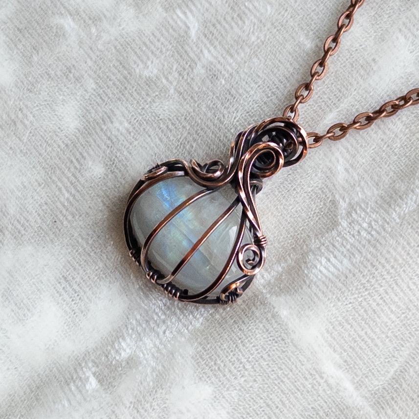 Mini Rainbow Moonstone Antiqued Copper Pumpkin Pendant