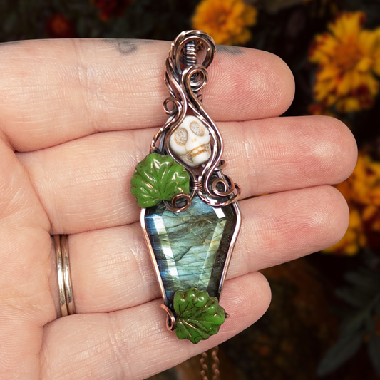 Labradorite Coffin & Skull Antiqued Copper Pendant With Czech Glass Leaves