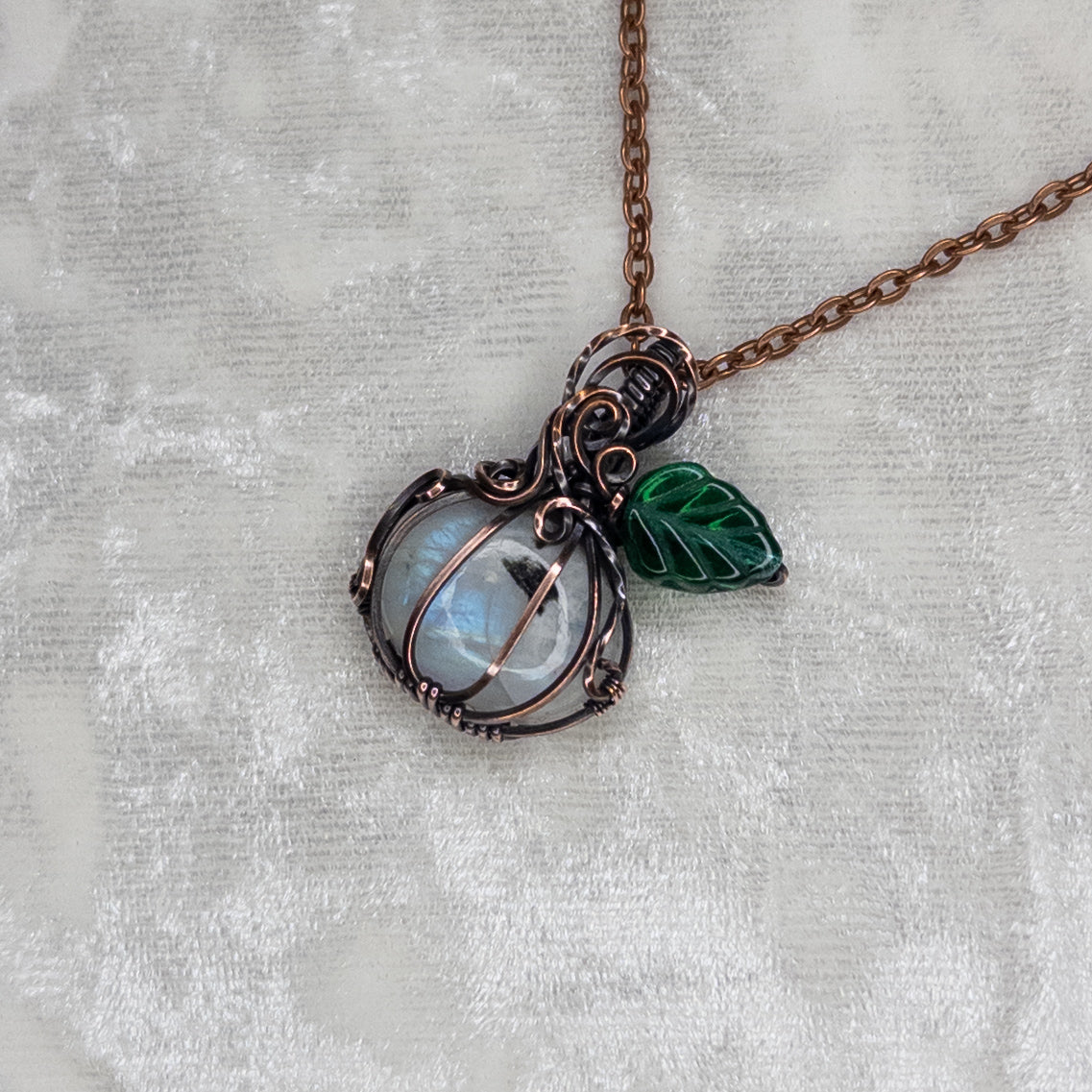 Dainty Moonstone Antiqued Copper Pumpkin Pendant With Czech Glass Leaf