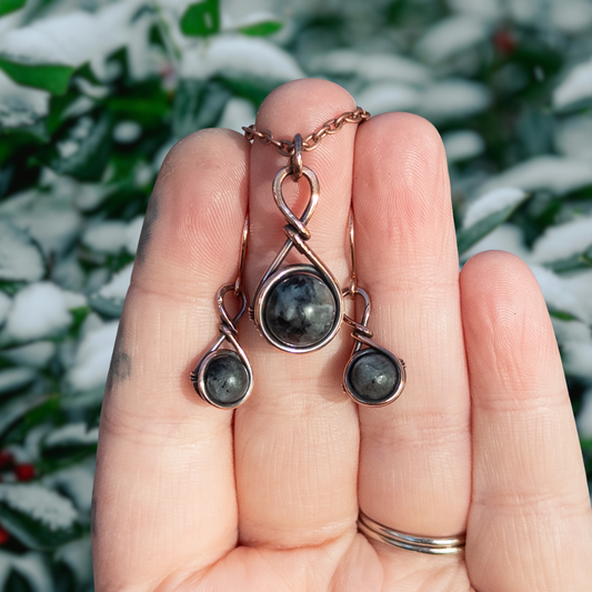 Drops Of Larvikite Antiqued Copper Necklace & Earring Set