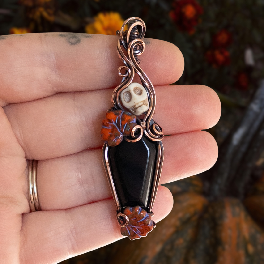 Obsidian Coffin & Skull Antiqued Copper Pendant With Czech Glass Leaves
