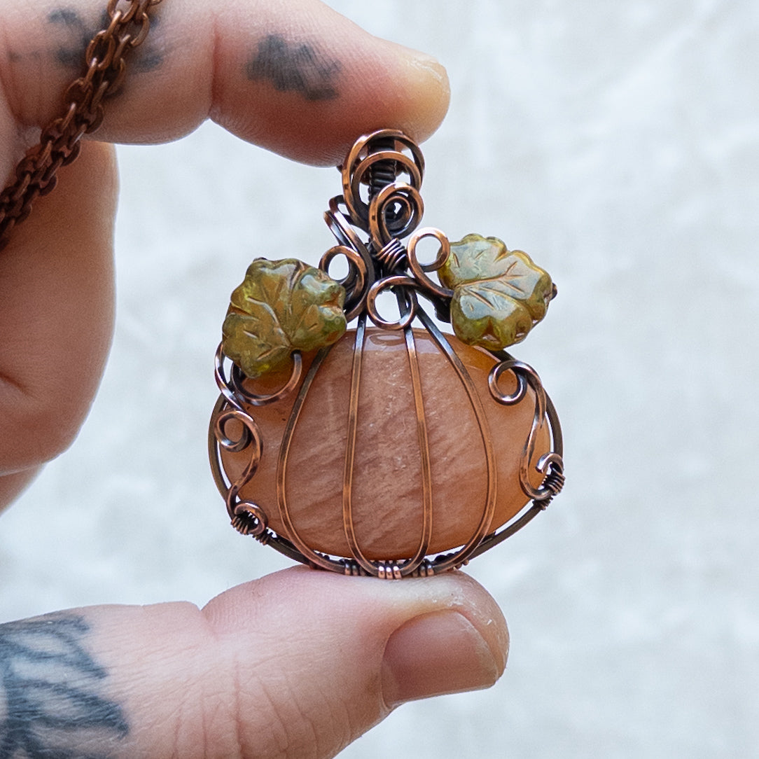 Peach Amazonite Antiqued Copper Pumpkin Pendant With Czech Glass Leaves