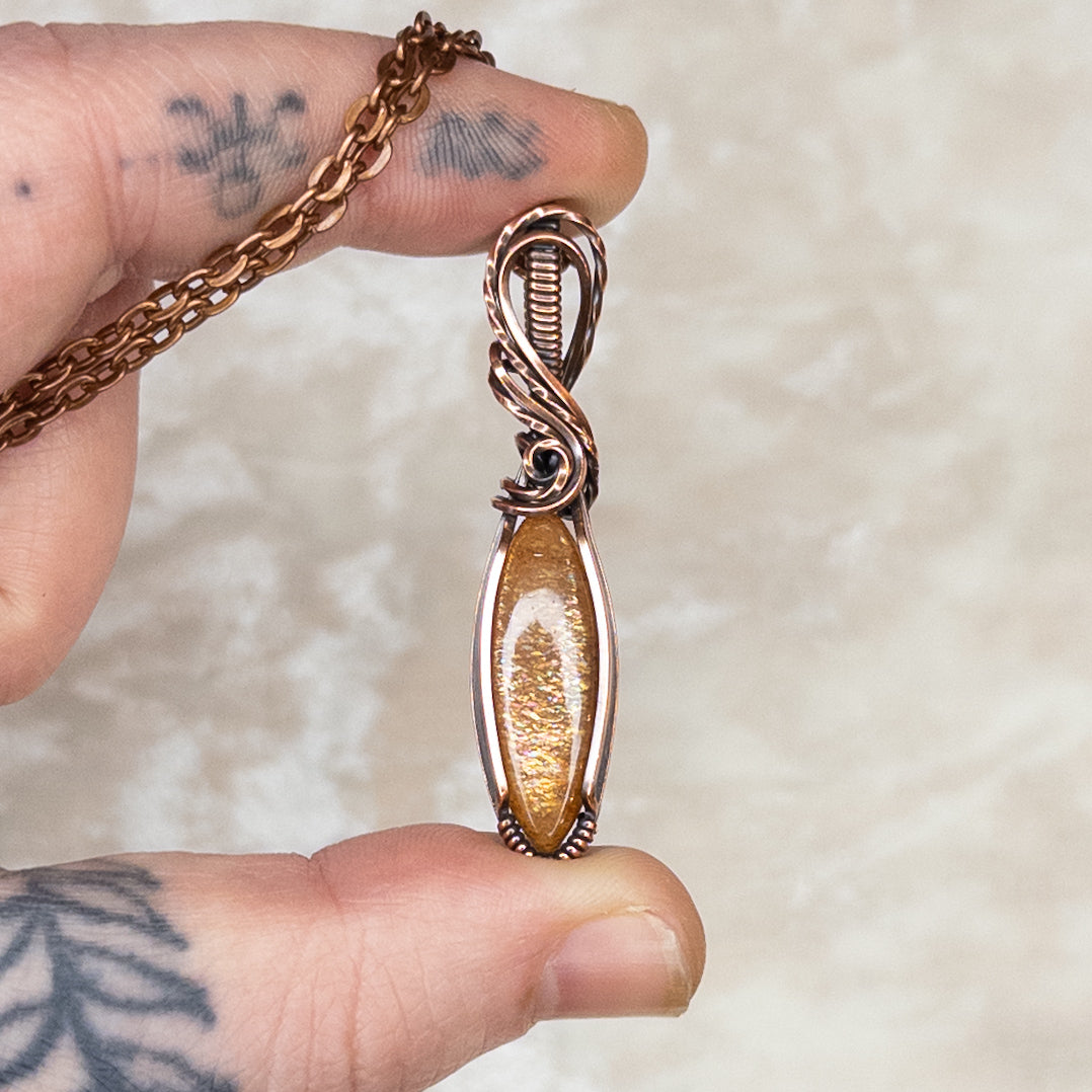 Dainty Sunstone Antiqued Copper Pendant
