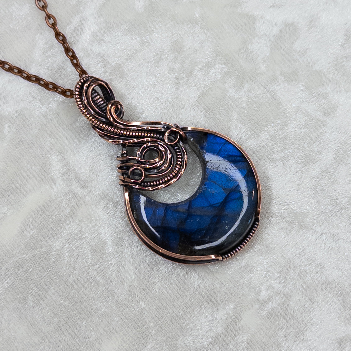 Deep Blue Labradorite Moon Antiqued Copper Pendant