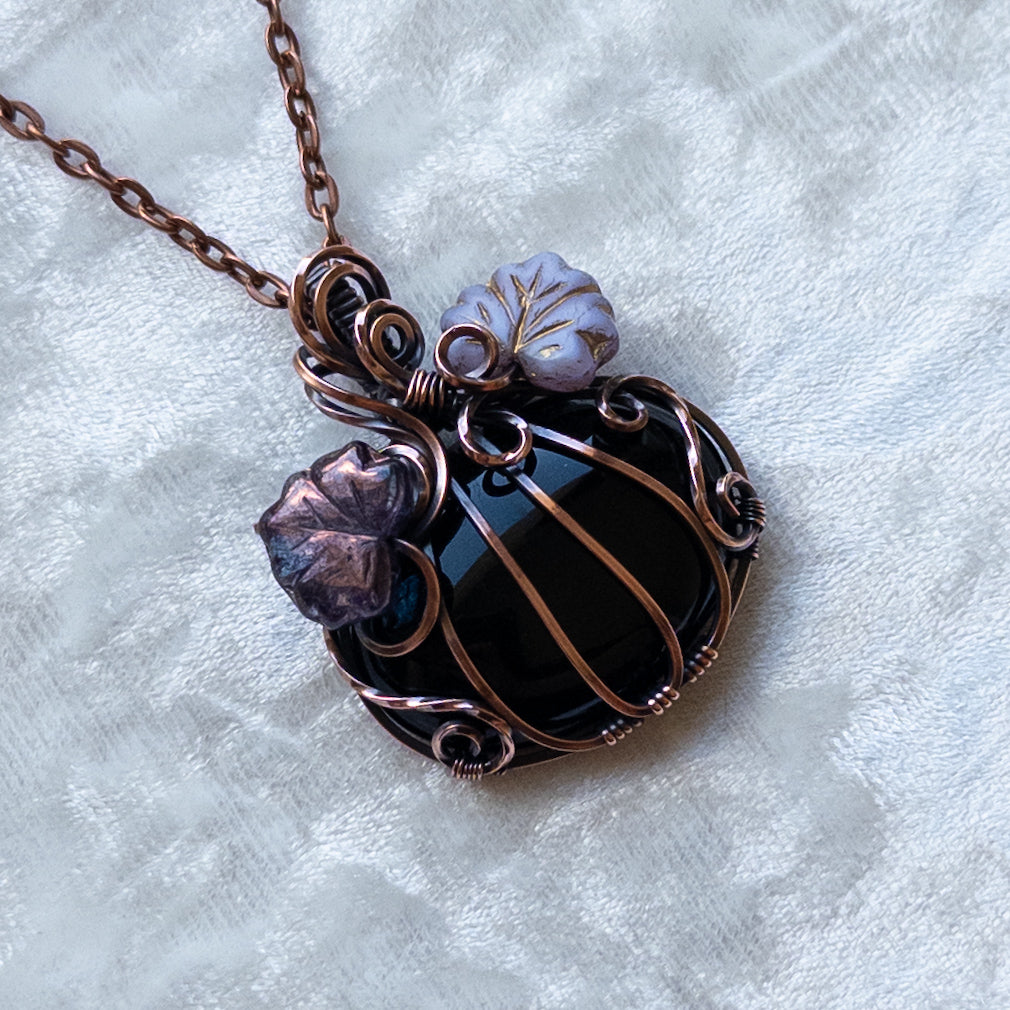 Black Onyx Pumpkin Pendant With Purple Czech Glass Leaves - Antiqued Copper