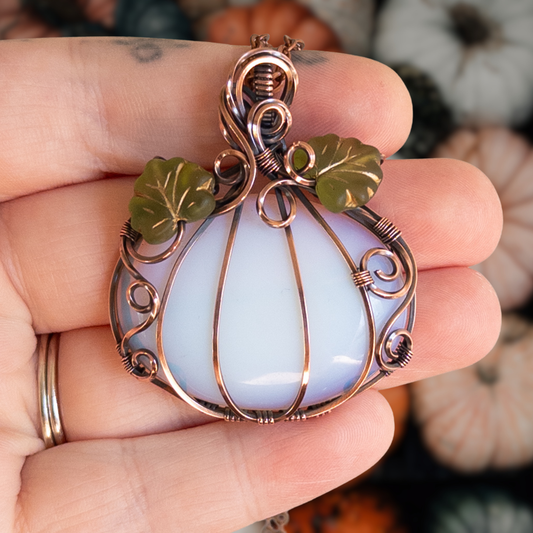Opalite Glass Antiqued Copper Pumpkin Pendant With Czech Glass Leaves