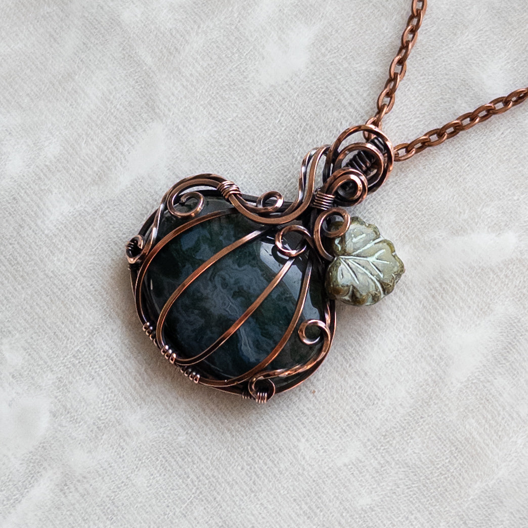 Moss Agate Antiqued Copper Pumpkin Pendant With Czech Glass Leaf