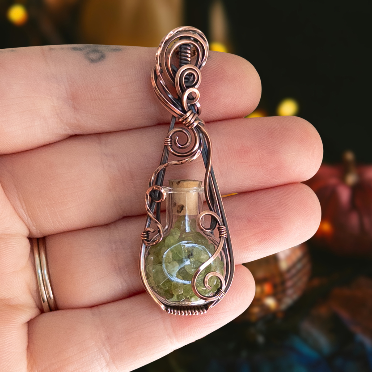 Peridot Filled Glass Bottle Antiqued Copper Pendant
