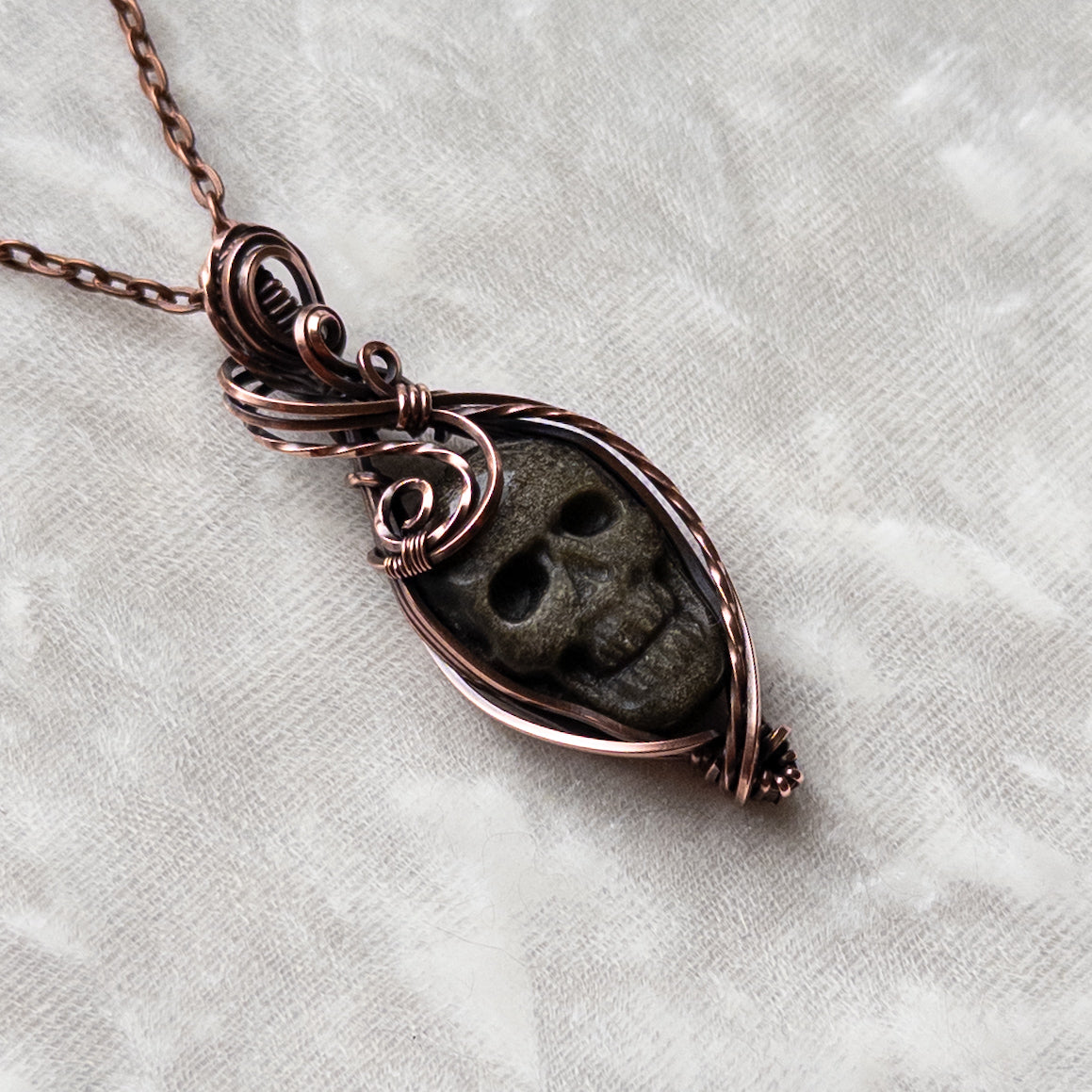 Gold Sheen Obsidian Skull Antiqued Copper Pendant