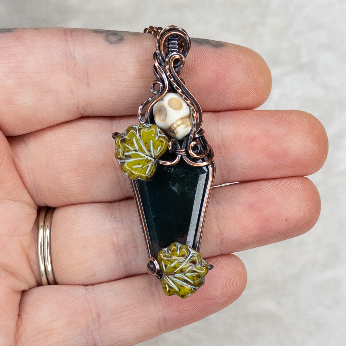 Moss Agate Coffin Antiqued Copper Pendant With Czech Glass Leaves & Stone Skull