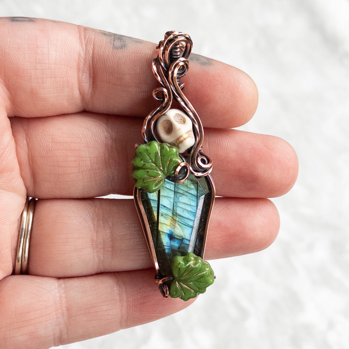 Labradorite Coffin & Skull Antiqued Copper Pendant With Czech Glass Leaves