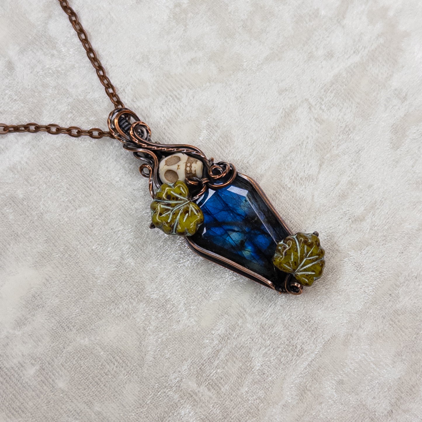 Labradorite Coffin Antiqued Copper Pendant With Czech Glass Leaves & Stone Skull