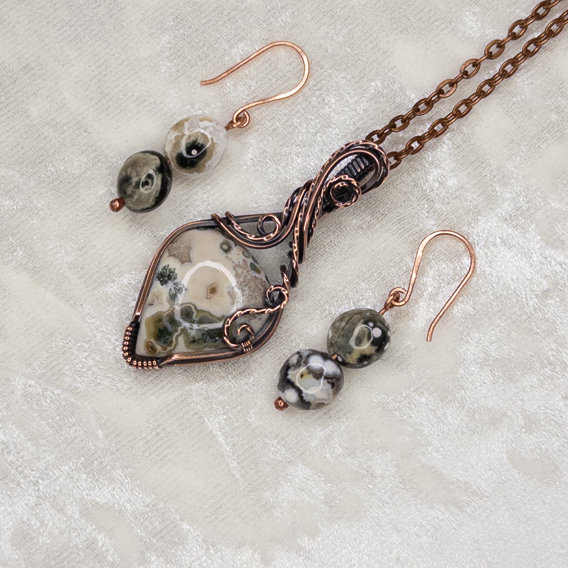 Ocean Jasper Antiqued Copper Pendant & Earring Set