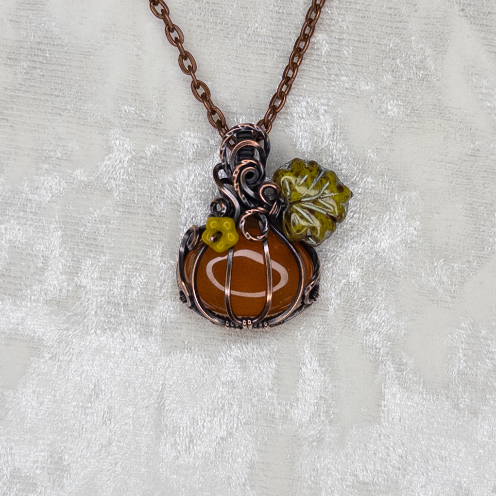 Carnelian Antiqued Copper Pumpkin Pendant With Czech Glass Leaf & Blossom