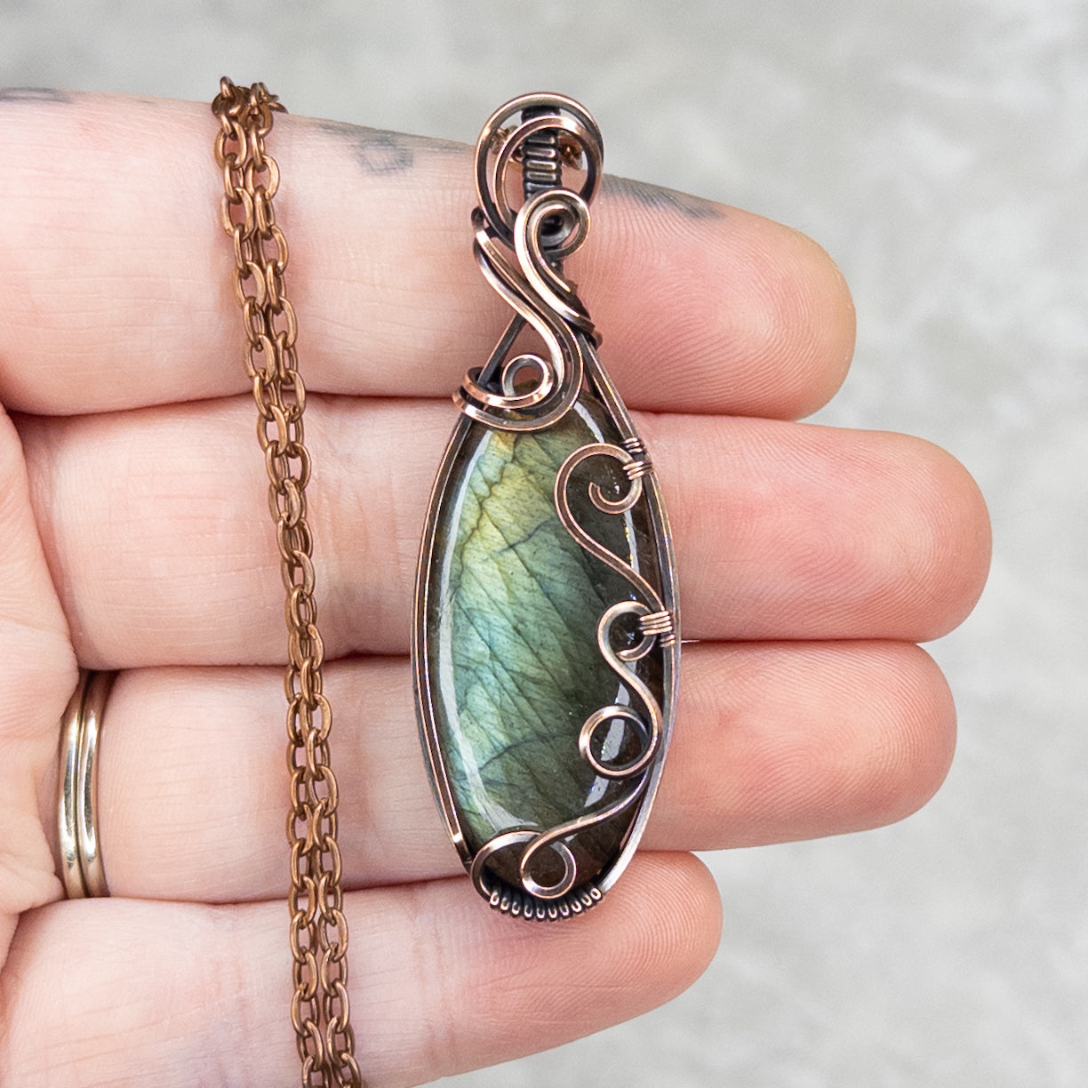 Green & Blue Labradorite Antiqued Copper Pendant