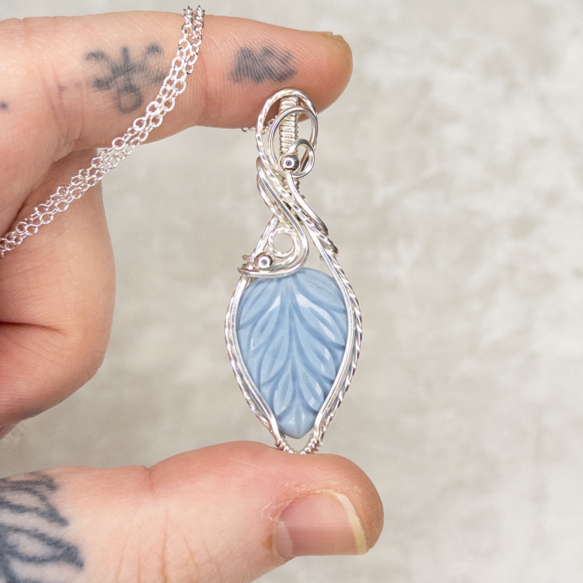 Blue Opal Carved Leaf Sterling Silver Pendant
