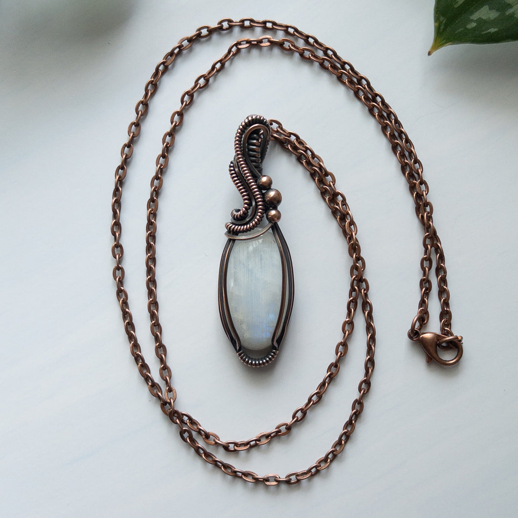 Blue Flash Moonstone & Copper Wrapped Pendant