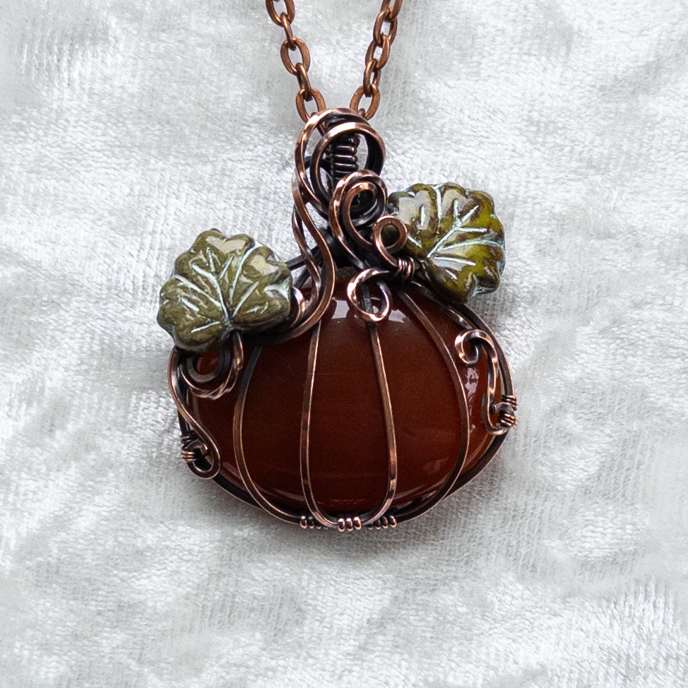 Carnelian Pumpkin Antiqued Copper Pendant With Czech Glass Leaves