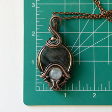 Load image into Gallery viewer, Labradorite With Moonstone  Antiqued Copper Amulet Pendant
