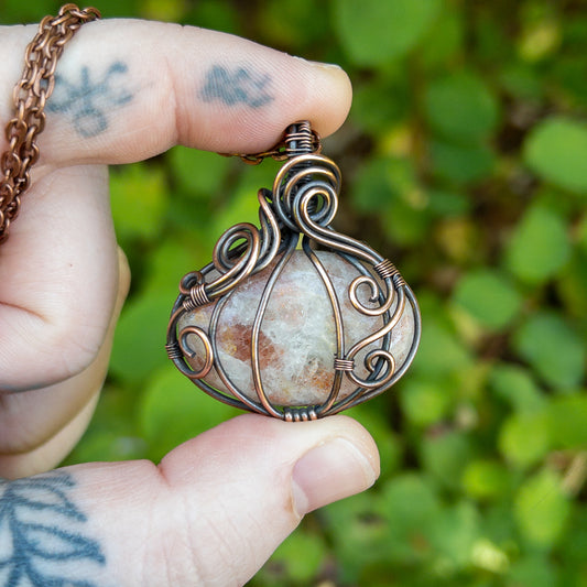 Short Sunstone Pumpkin Antiqued Copper Wrapped Pendant