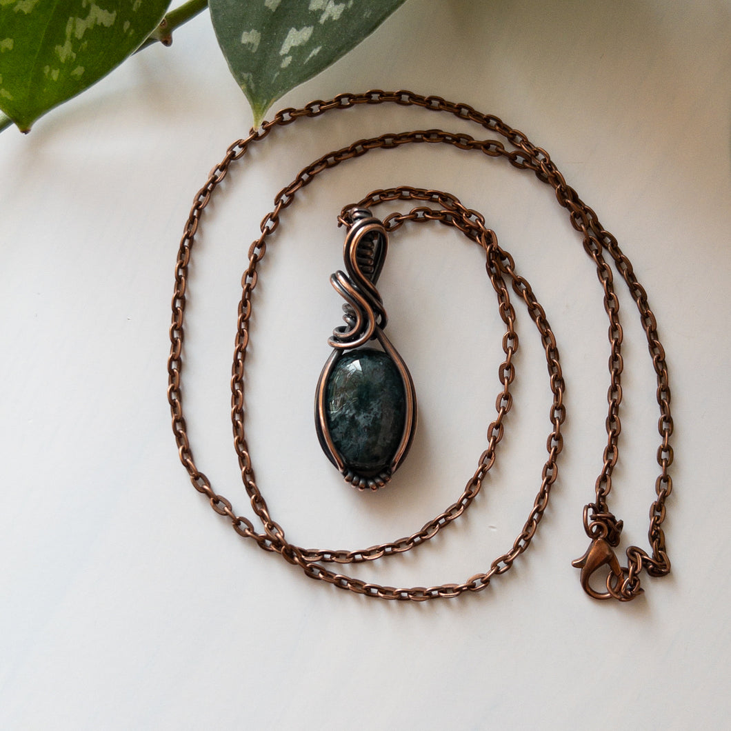 Moss Agate & Copper Wrapped Pendant