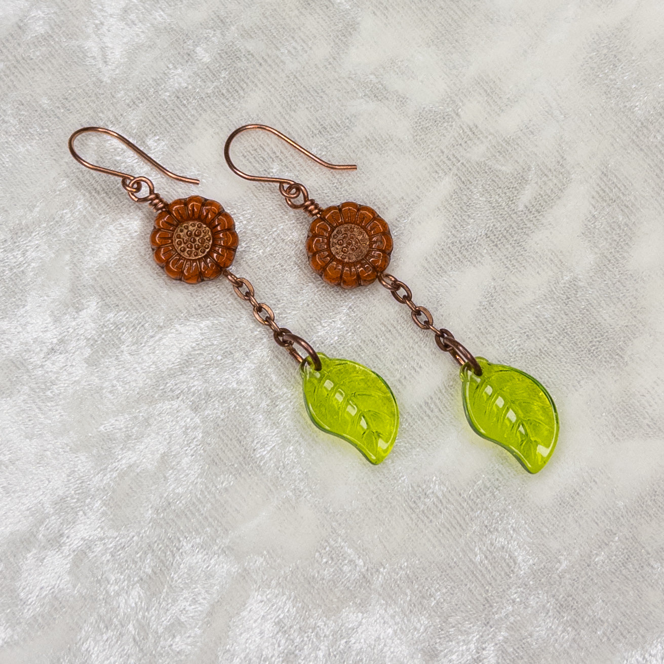 Czech Glass Sunflower & Glass Leaf Copper Earrings