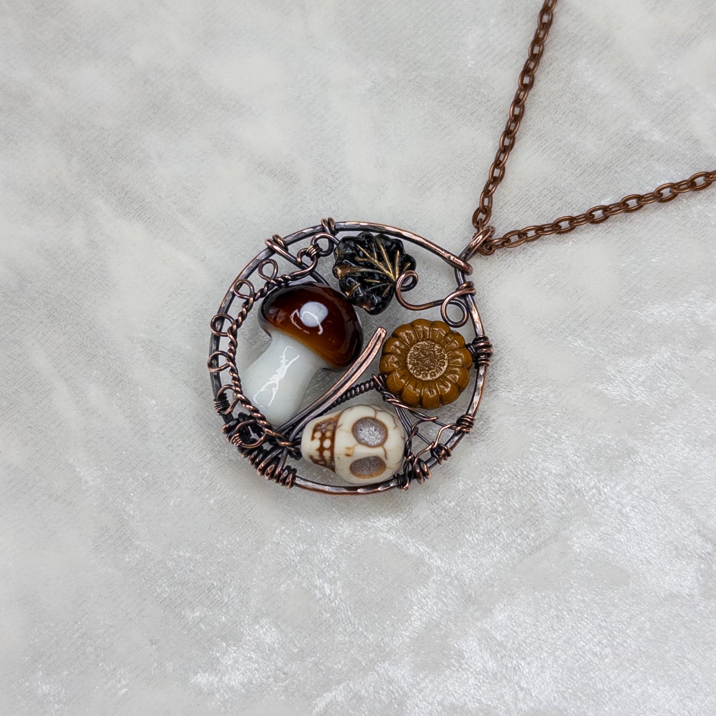 “Autumn Rest” V.2 Antiqued Copper Pendant With Czech Glass Botanical Beads, Lampwork Mushroom Bead, Stone Skull Bead, & Tiny Spiderweb