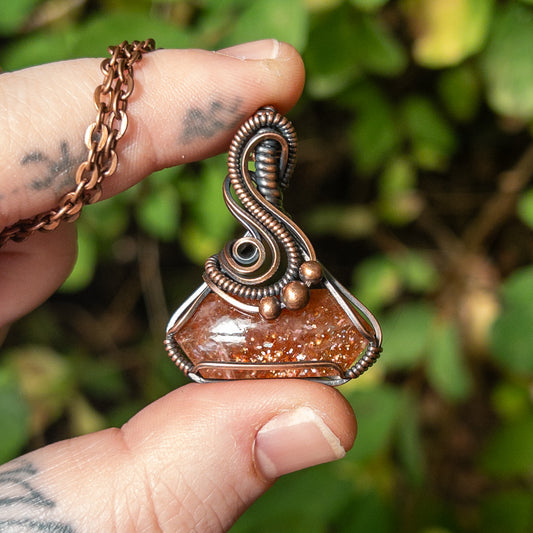 Sunstone “Potion Bottle” Shaped Copper Wrapped Pendant