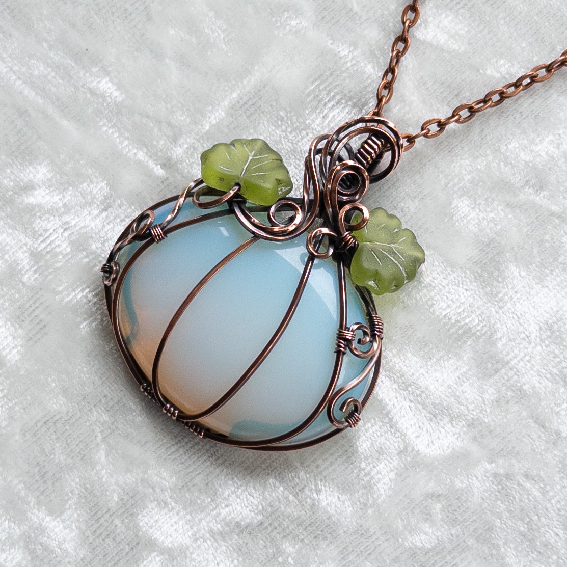 Opalite Glass Pumpkin Antiqued Copper Pendant With Czech Glass Leaves