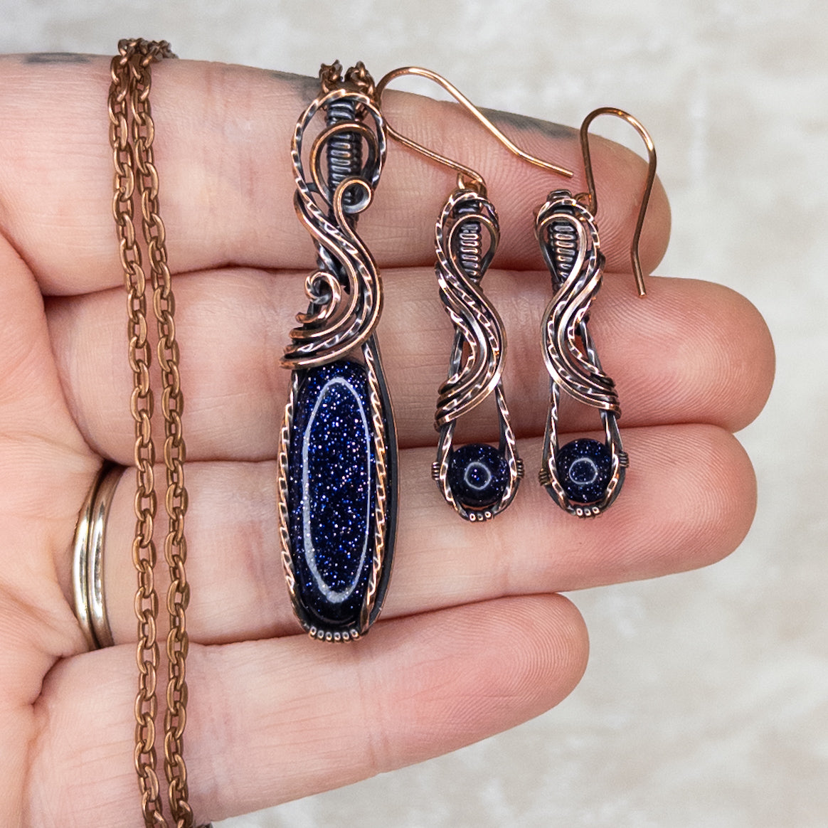 Blue Goldstone Antiqued Copper Pendant & Earrings Set