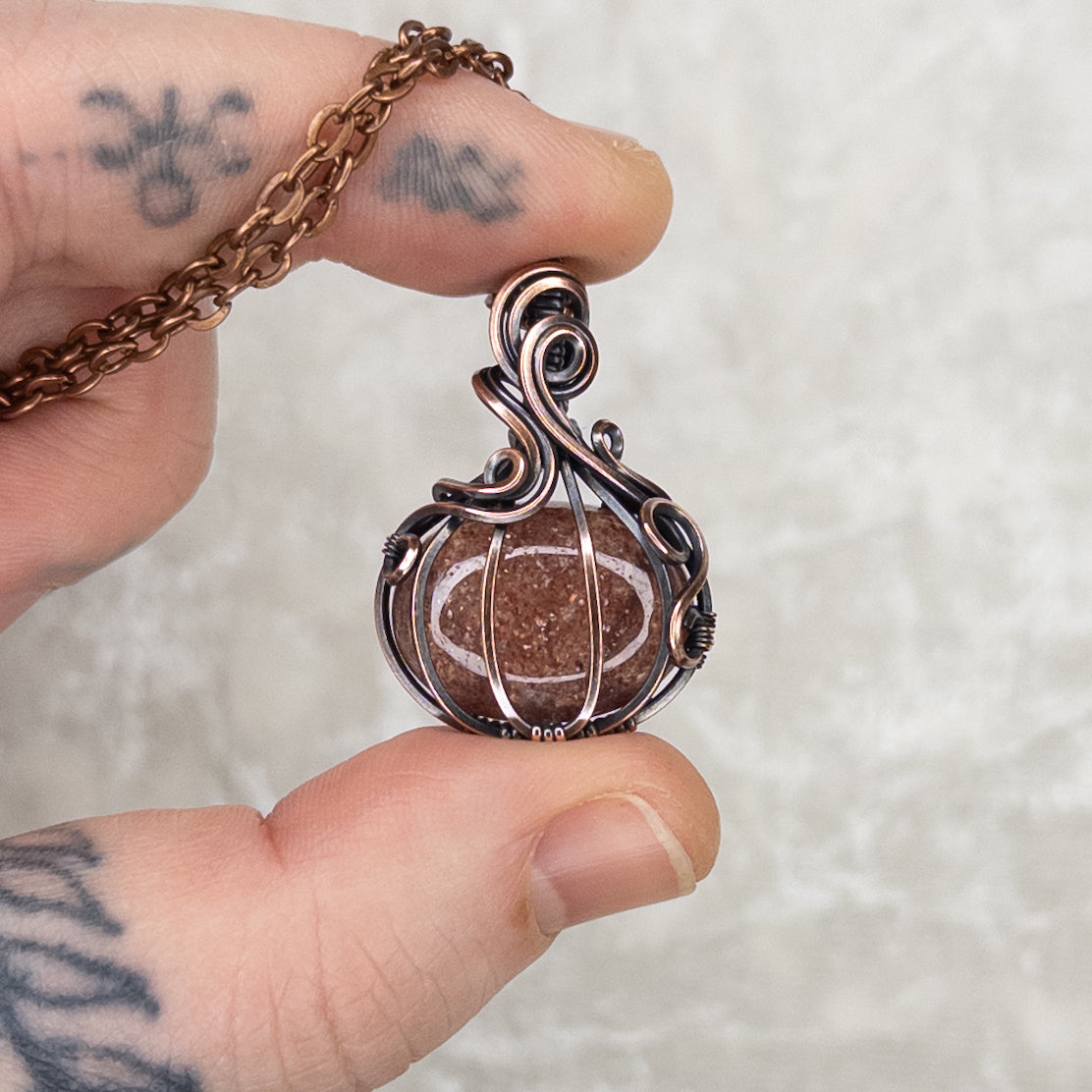 Strawberry Quartz Antiqued Copper Pumpkin Pendant