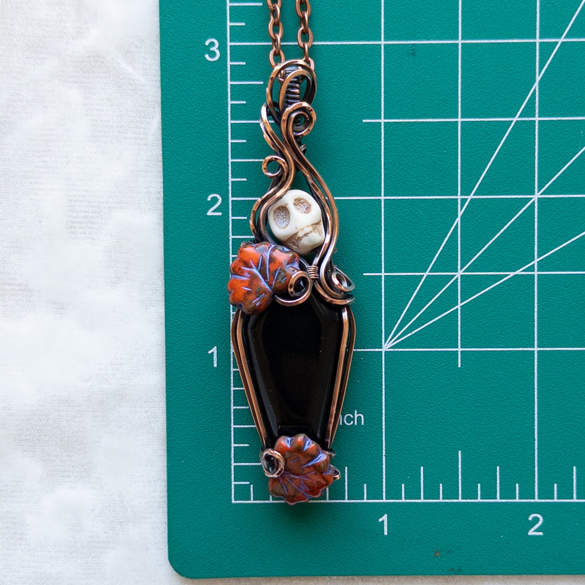 Obsidian Coffin & Skull Antiqued Copper Pendant With Czech Glass Leaves