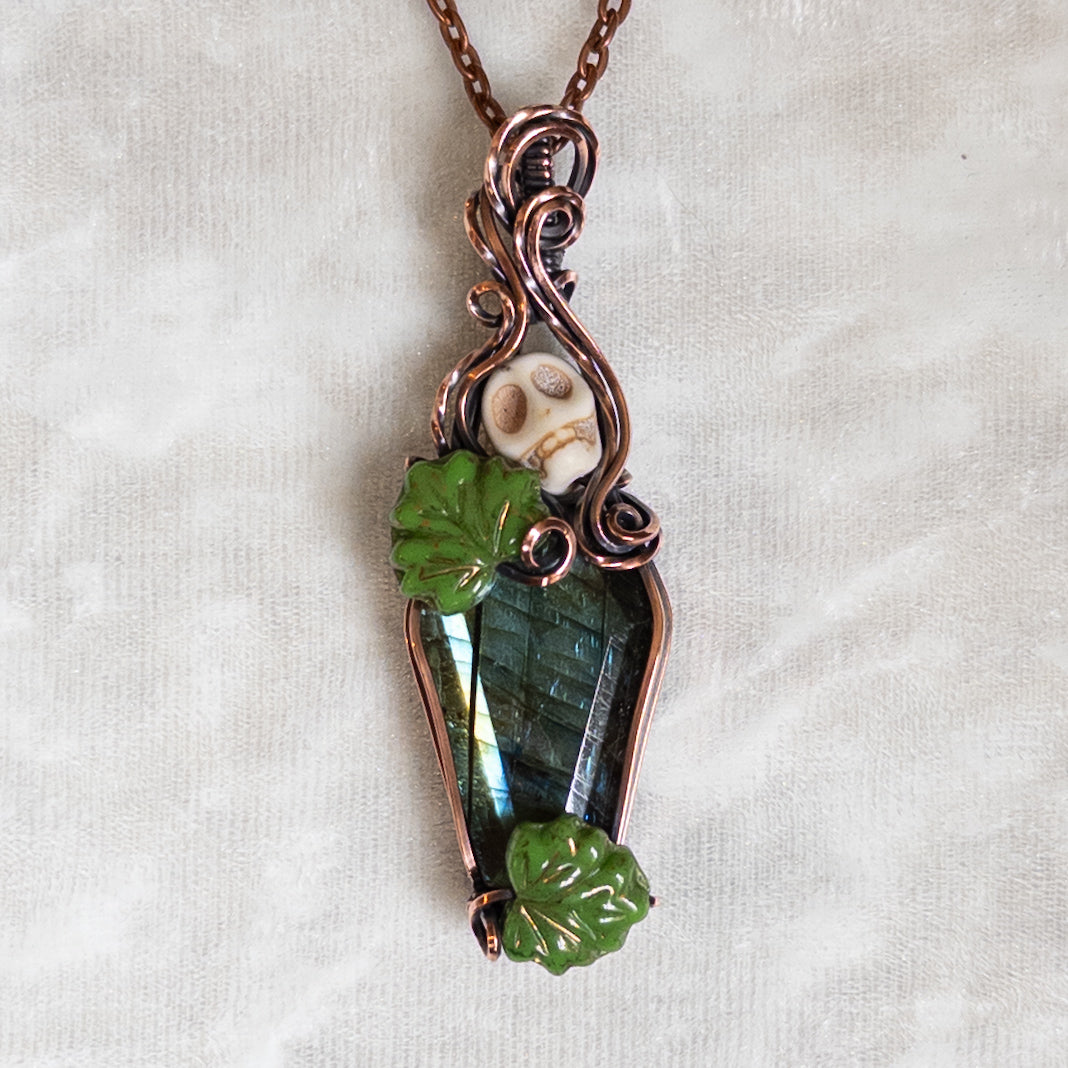 Labradorite Coffin & Skull Antiqued Copper Pendant With Czech Glass Leaves