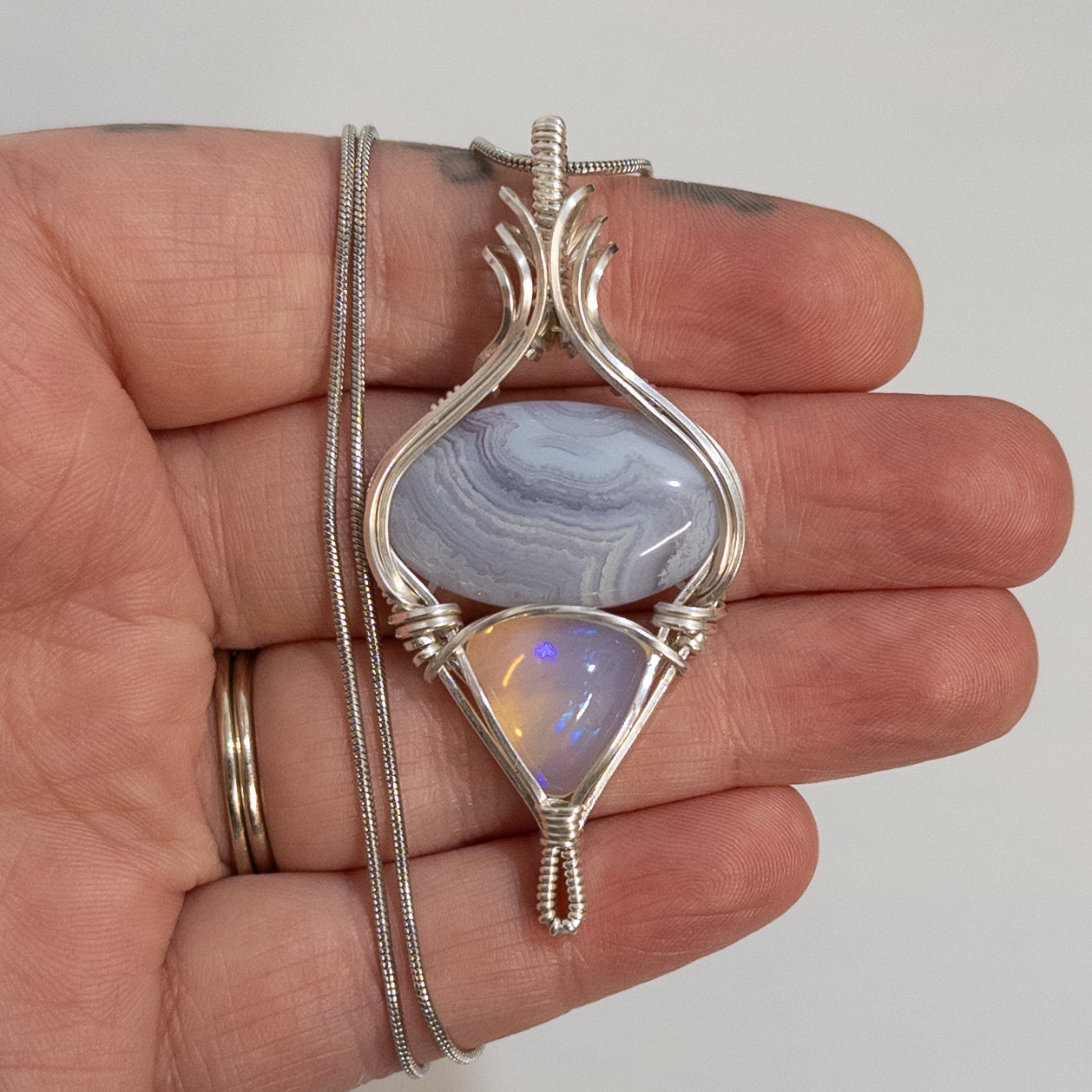 Blue Lace Agate & 6ct. Opal Sterling Silver Pendant