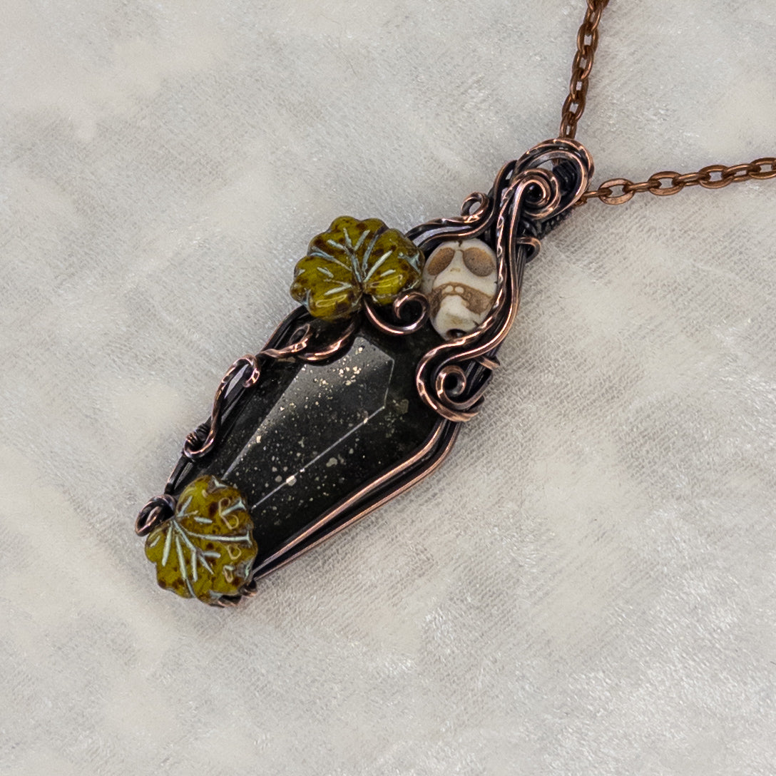 African Bloodstone With Pyrite  Coffin & Skull Antiqued Copper Pendant with Czech Glass Leaves
