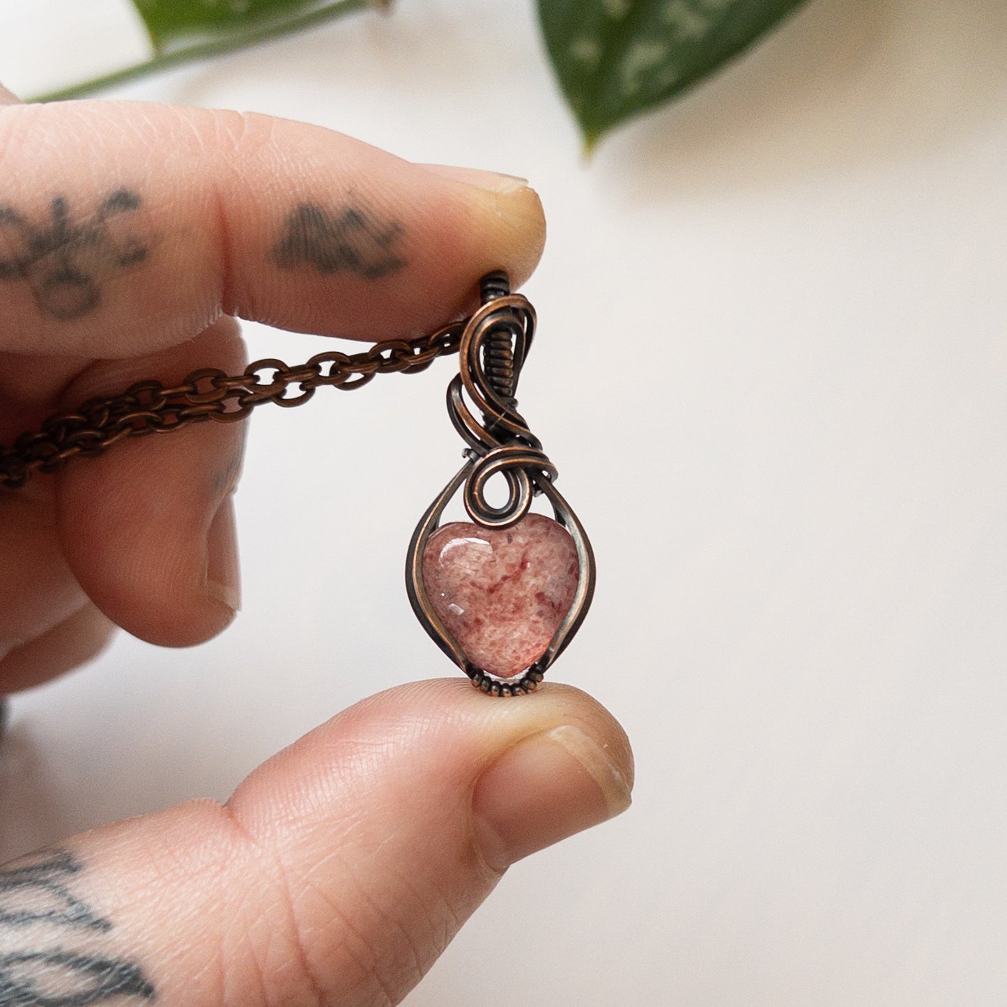 Mini Strawberry Quartz Heart & Copper Wrapped Pendant - E