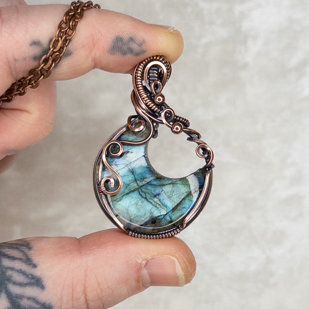 Teal Labradorite Moon Antiqued Copper Pendant