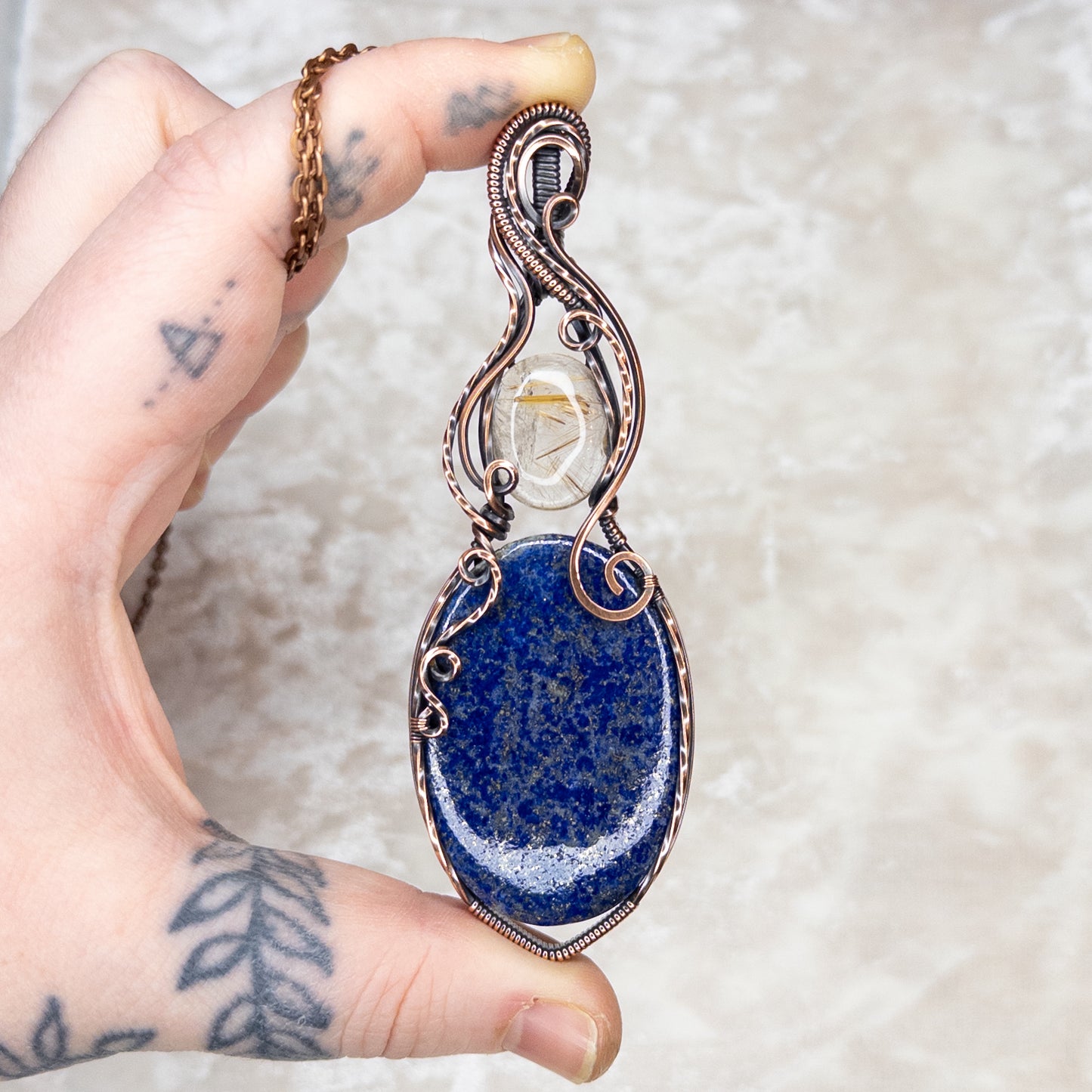 Lapis Lazuli & Gold Rutilated Quartz Antiqued Copper Statement Pendant