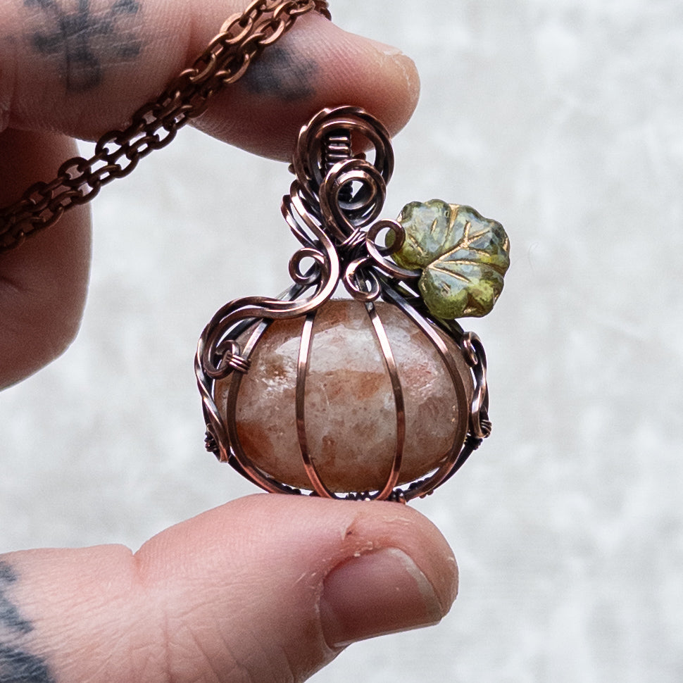 Sunstone Antiqued Copper Pumpkin Pendant With Czech Glass Leaf