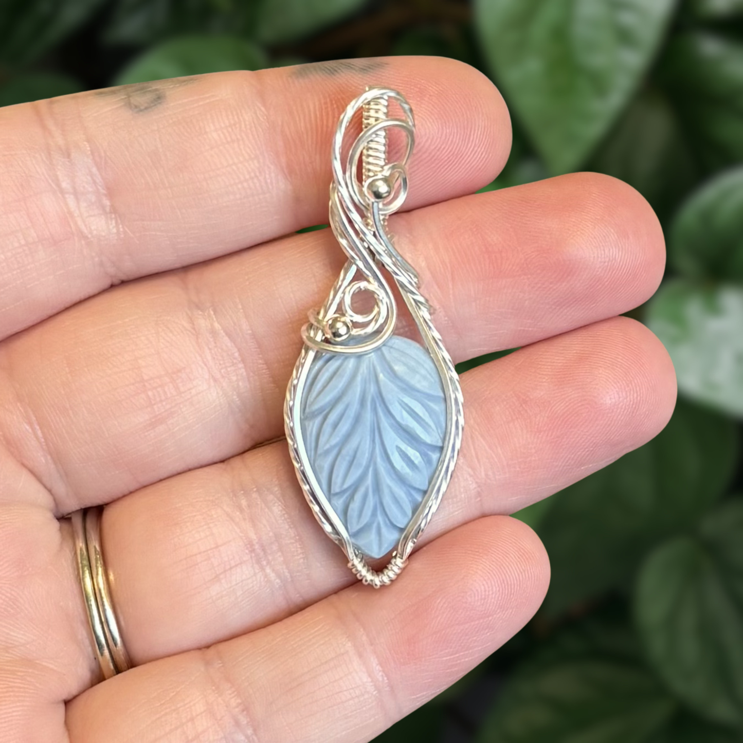 Blue Opal Carved Leaf Sterling Silver Pendant