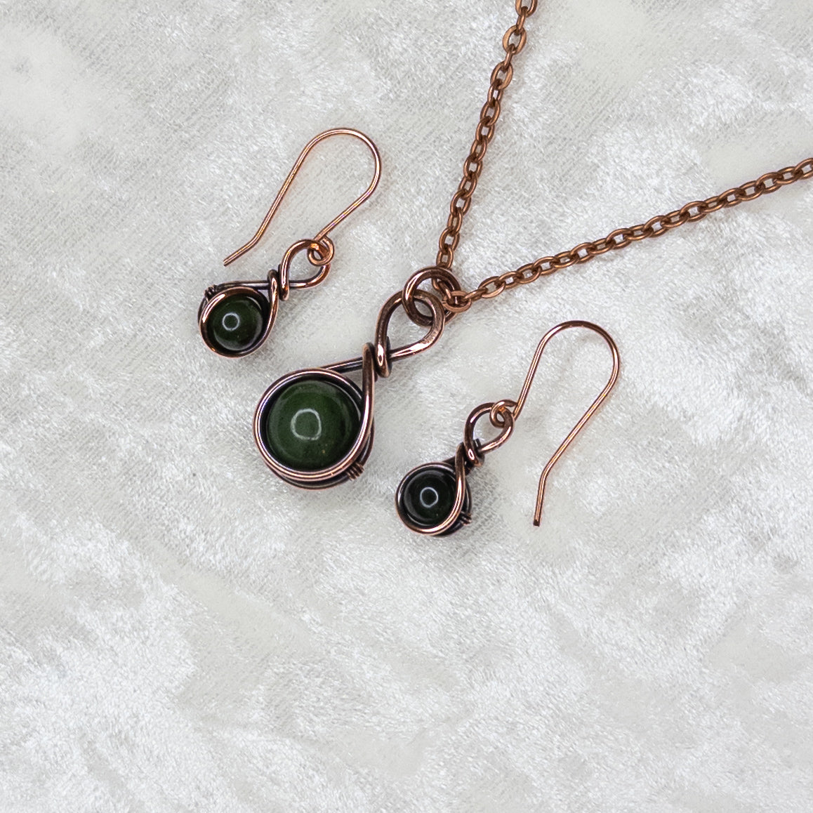 Drops of Jade Antiqued Copper Pendant & Earrings Set