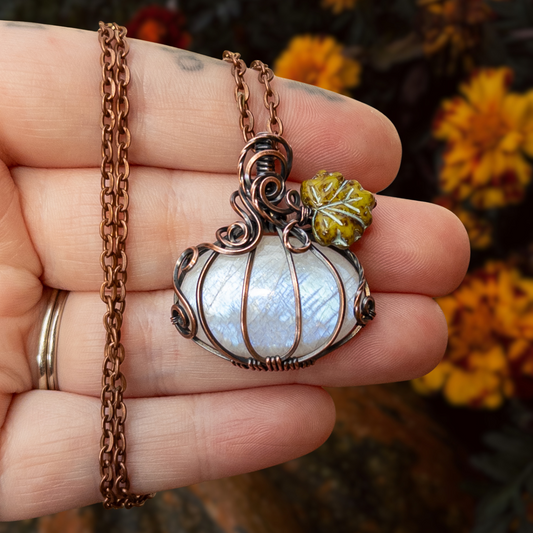 Moonstone Antiqued Copper Pumpkin Pendant With Czech Glass Leaf