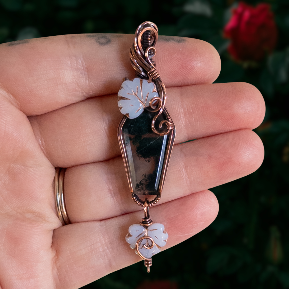 Moss Agate Coffin With Czech Glass Leaves Antiqued Copper Pendant