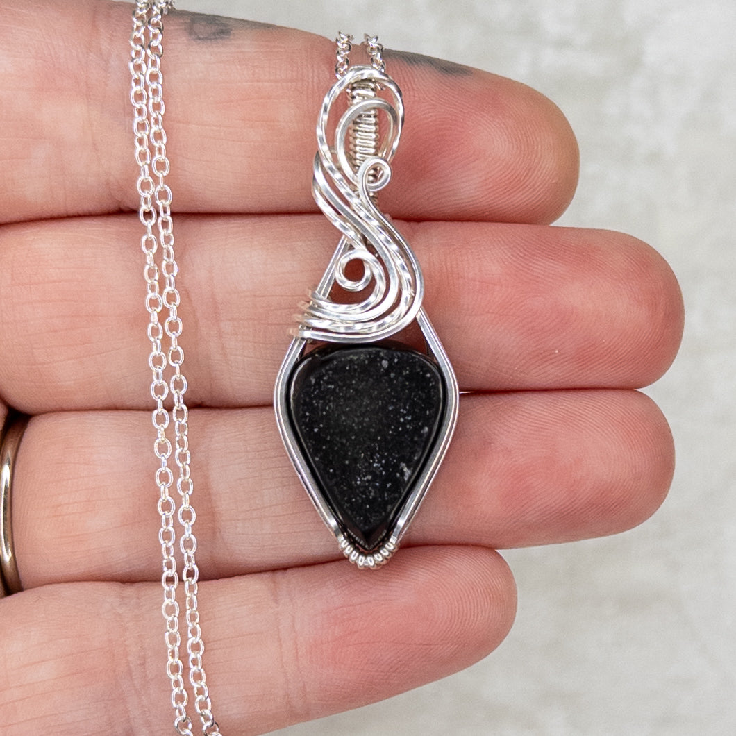 Black Druzy Agate & .925 Sterling Silver Pendant