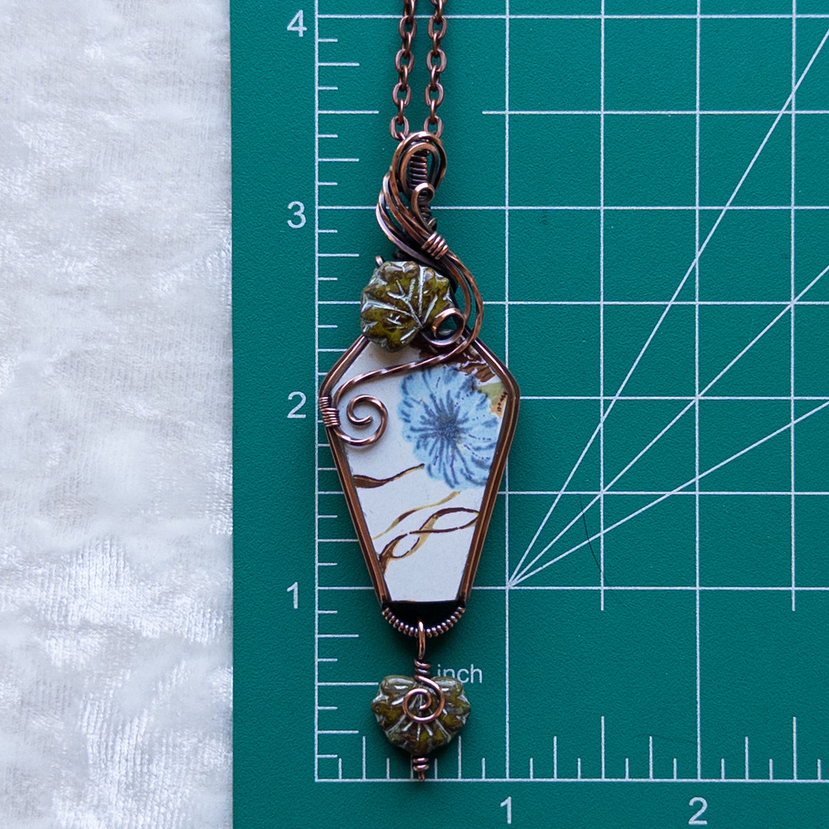 Vintage China Coffin Pendant With Czech Glass Leaves - Antiqued Copper
