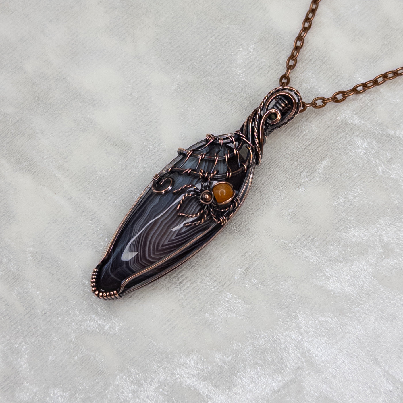 Botswana Agate & Orange Aventurine Spider Antiqued Copper Pendant