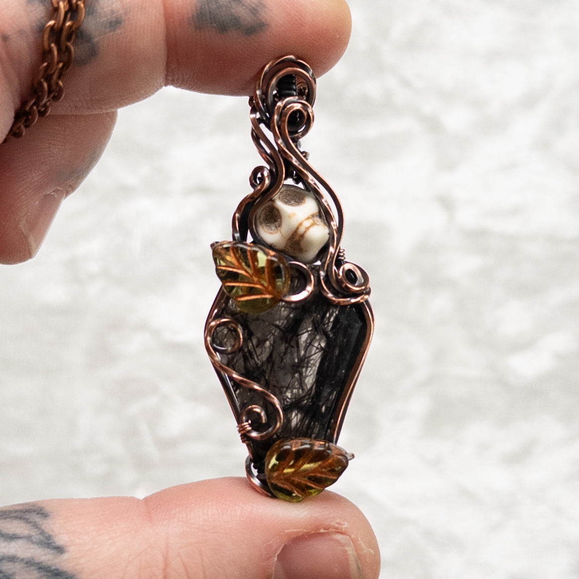 Tourmalinated Quartz Coffin & Skull Antiqued Copper Pendant With Czech Glass Leaves