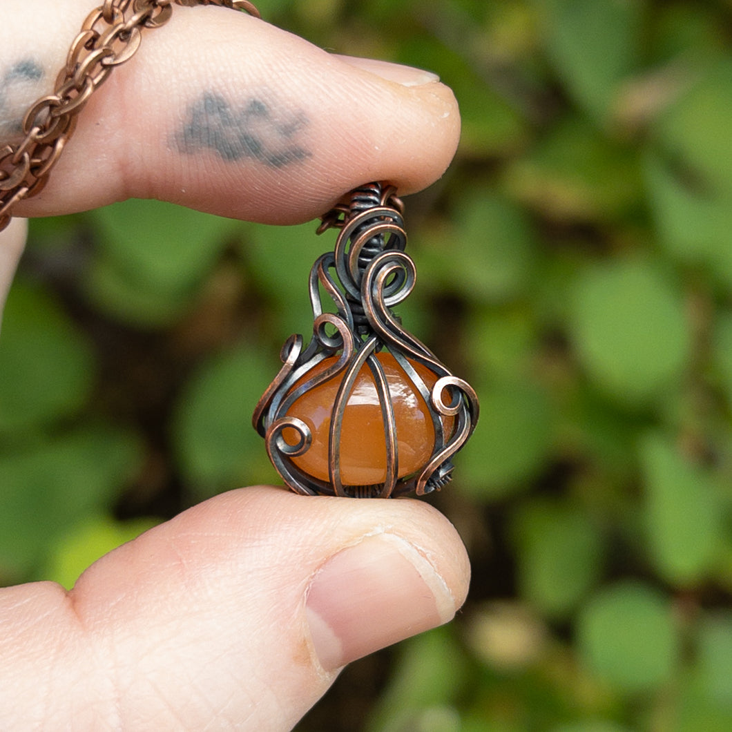 Dainty Carnelian Pumpkin Antiqued Copper Wrapped Pendant