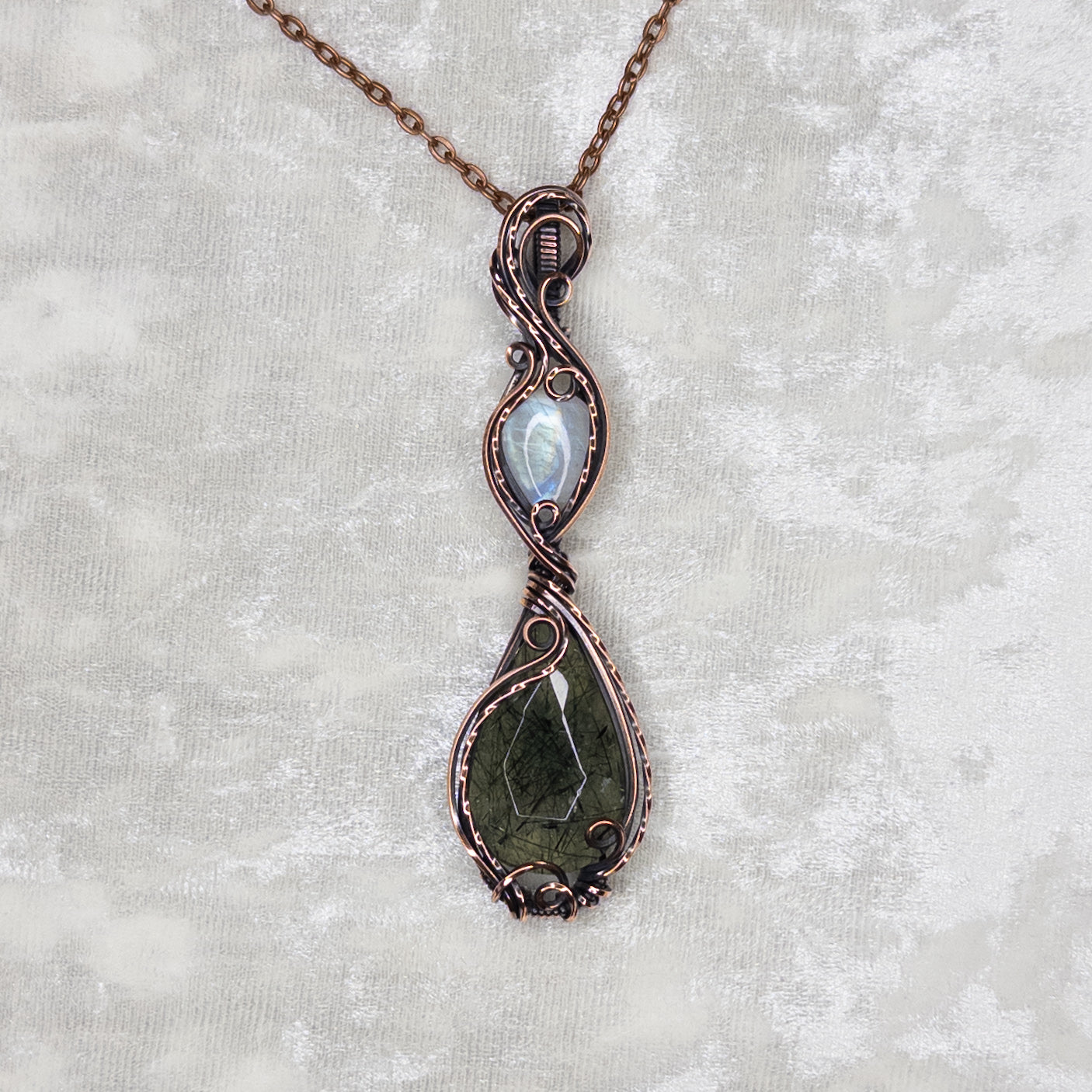 Rose-Cut Prehnite & Rainbow Moonstone Antiqued Copper Pendant